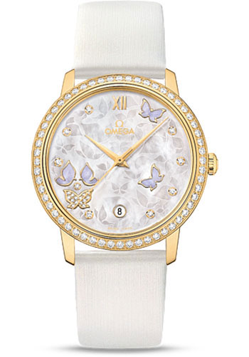 Omega De Ville Prestige Co-Axial Watch - 36.8 mm Yellow Gold Case - Diamond Bezel - Mother-Of-Pearl Diamond Dial - White Leather Strap