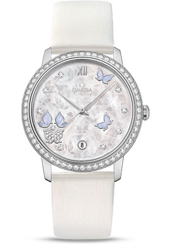 Omega De Ville Prestige Co-Axial Watch - 36.8 mm White Gold Case - Diamond Bezel - Mother-Of-Pearl Diamond Dial - White Leather Strap