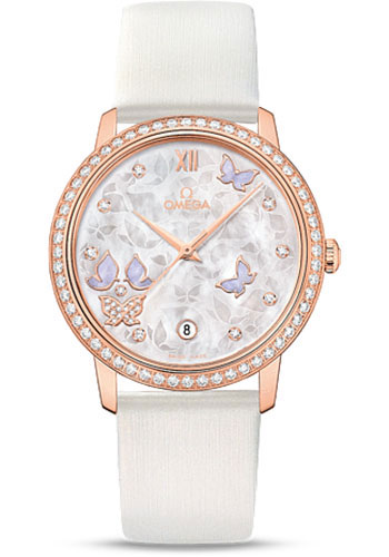 Omega De Ville Prestige Co-Axial Watch - 36.8 mm Red Gold Case - Diamond Bezel - Mother-Of-Pearl Diamond Dial - White Leather Strap