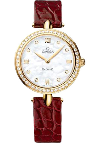 Omega De Ville Prestige Quartz Dewdrop Watch - 27.4 mm Yellow Gold Case - Radiant Diamond Paved Bezel - Mother-Of-Pearl Dial - Red Leather Strap