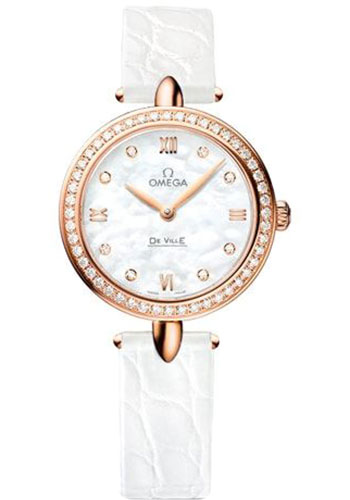 Omega De Ville Prestige Quartz Dewdrop Watch - 27.4 mm Red Gold Case - Radiant Diamond Paved Bezel - Mother-Of-Pearl Dial - White Leather Strap