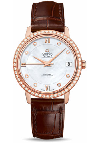 Omega De Ville Prestige Co-Axial Watch - 32.7 mm Red Gold Case - Diamond Bezel - Mother-Of-Pearl Diamond Dial - Brown Leather Strap