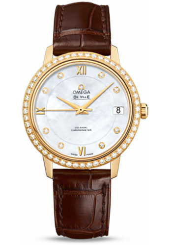 Omega De Ville Prestige Co-Axial Watch - 32.7 mm Yellow Gold Case - Diamond Bezel - Mother-Of-Pearl Diamond Dial - Brown Leather Strap