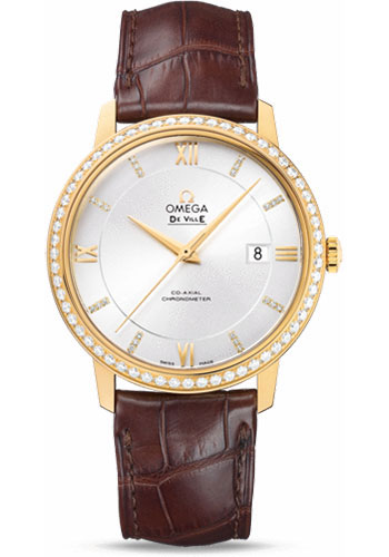 Omega De Ville Prestige Co-Axial Watch - 39.5 mm Yellow Gold Case - Diamond Bezel - Silver Diamond Dial - Brown Leather Strap