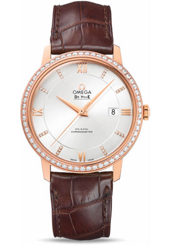Omega De Ville Prestige Co-Axial Watch - 39.5 mm Red Gold Case - Diamond Bezel - Silver Diamond Dial - Brown Leather Strap