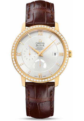 Omega De Ville Prestige Power Reserver Co-Axial Watch - 39.5 mm Yellow Gold Case - Diamond Bezel - Silver Diamond Dial - Brown Leather Strap