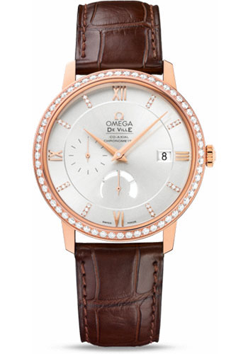 Omega De Ville Prestige Power Reserver Co-Axial Watch - 39.5 mm Red Gold Case - Diamond Bezel - Silver Diamond Dial - Brown Leather Strap