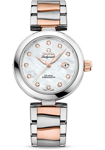 Omega De Ville Ladymatic Omega Co-Axial Watch - 34 mm Steel Case - White Diamond Dial - Steel And Sedna Gold Bracelet
