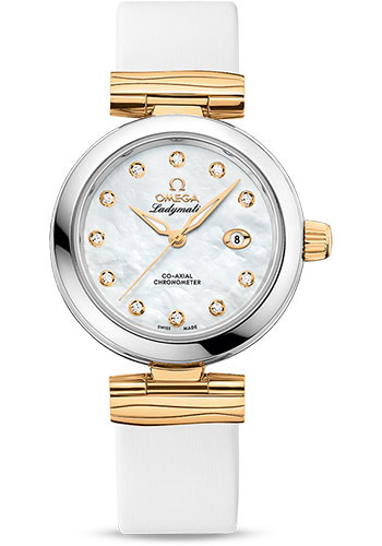 Omega De Ville Ladymatic Omega Co-Axial Watch - 34 mm Steel Case - White Diamond Dial - White Leather Strap
