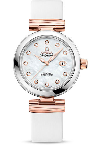 Omega De Ville Ladymatic Omega Co-Axial Watch - 34 mm Steel - Sedna Gold Case - White Diamond Dial - White Leather Strap