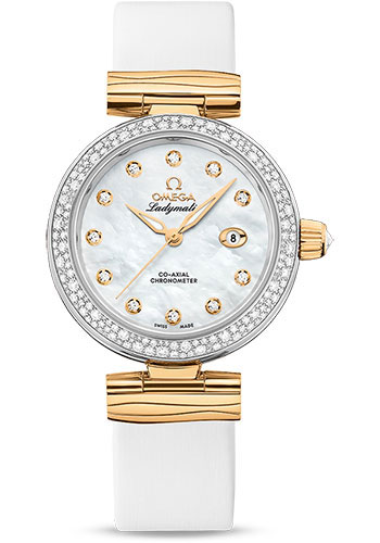 Omega De Ville Ladymatic Omega Co-Axial Watch - 34 mm Steel - Yellow Gold Case - Diamond Bezel - White Diamond Dial - White Leather Strap