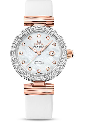 Omega De Ville Ladymatic Omega Co-Axial Watch - 34 mm Steel - Sedna Gold Case - Diamond Bezel - White Diamond Dial - White Leather Strap