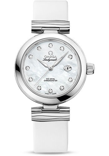Omega De Ville Ladymatic Omega Co-Axial Watch - 34 mm Steel Case - White Diamond Dial - White Leather Strap