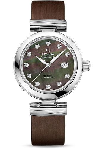 Omega De Ville Ladymatic Omega Co-Axial Watch - 34 mm Steel Case - Black Diamond Dial - Brown Leather Strap