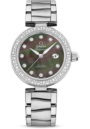 Omega De Ville Ladymatic Omega Co-Axial Watch - 34 mm Steel Case - Diamond Bezel - Black Diamond Dial