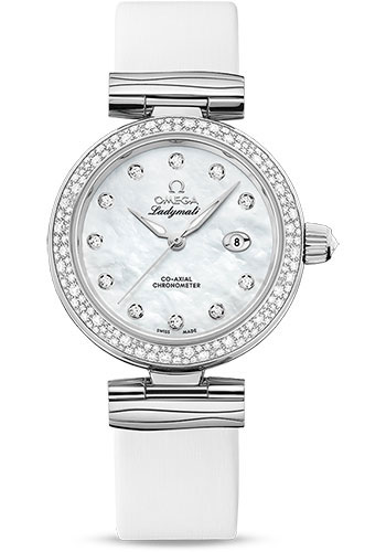 Omega De Ville Ladymatic Omega Co-Axial Watch - 34 mm Steel Case - Diamond Bezel - White Diamond Dial - White Leather Strap