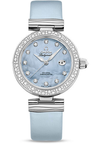 Omega De Ville Ladymatic Omega Co-Axial Watch - 34 mm Steel Case - Diamond Bezel - Blue Diamond Dial - Blue Leather Strap