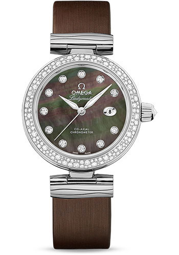 Omega De Ville Ladymatic Omega Co-Axial Watch - 34 mm Steel Case - Diamond Bezel - Black Diamond Dial - Grey Leather Strap