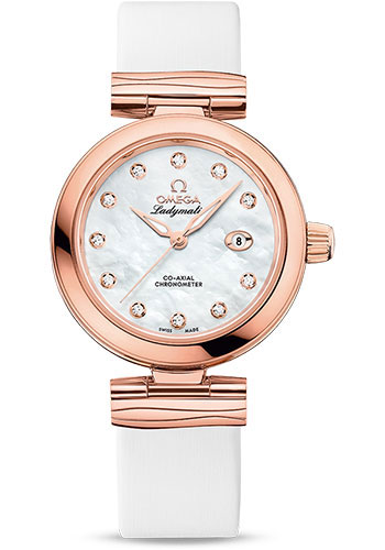 Omega De Ville Ladymatic Omega Co-Axial Watch - 34 mm Sedna Gold Case - White Diamond Dial - White Leather Strap