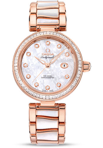 Omega De Ville Ladymatic Omega Co-Axial Watch - 34 mm Sedna Red Gold Case - Diamond Bezel - Mother-Of-Pearl Diamond Dial - Sedna Gold Bracelet