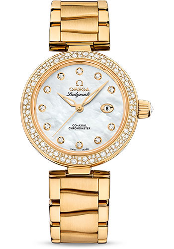 Omega De Ville Ladymatic Omega Co-Axial Watch - 34 mm Yellow Gold Case - White Diamond Dial