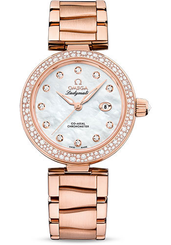 Omega De Ville Ladymatic Omega Co-Axial Watch - 34 mm Sedna Gold Case - Diamond Bezel - White Diamond Dial