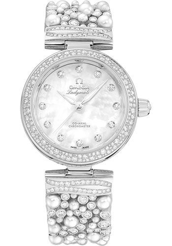 Omega De Ville Ladymatic Omega Co-Axial - 34 mm White Gold Case - Diamond Bezel - White Pearled Mother-Of-Pearl Diamond Dial