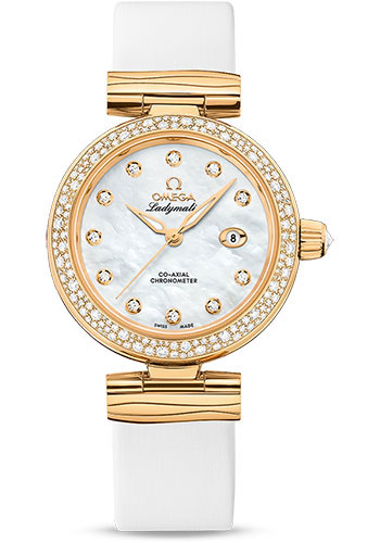Omega De Ville Ladymatic Omega Co-Axial Watch - 34 mm Yellow Gold Case - Diamond Bezel - White Diamond Dial - White Leather Strap