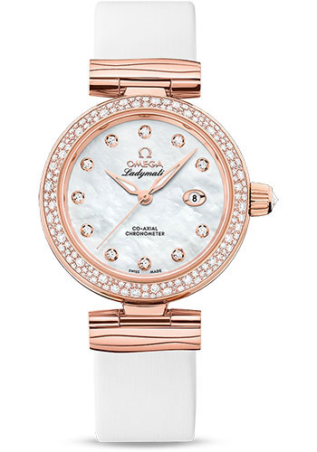 Omega De Ville Ladymatic Omega Co-Axial Watch - 34 mm Sedna Gold Case - Diamond Bezel - White Diamond Dial - White Leather Strap