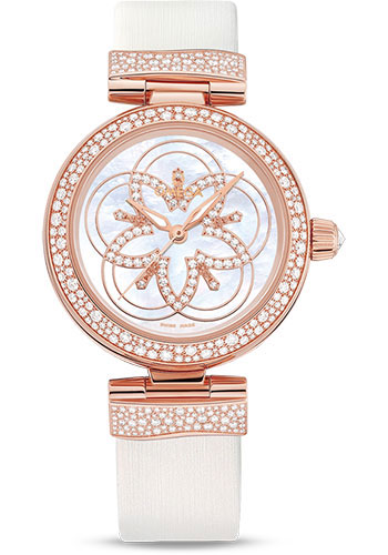 Omega De Ville Ladymatic Omega Co-Axial Watch - 34 mm Sedna Gold Case - Diamond Bezel - White Dial - White Leather Strap