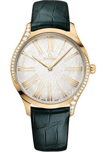 Omega De Ville Trésor Quartz - 39 mm Moonshine Gold Case - Lacquered Opaline Silver Dial - Iridescent Green Leather Strap