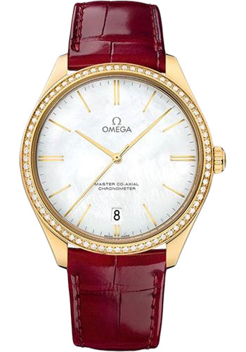 Omega De Ville Trésor Master Co-Axial Watch - 40 mm Yellow Gold Case - Diamond-Set Bezel - Domed Mother-Of-Pearl Dial - Red Leather Strap