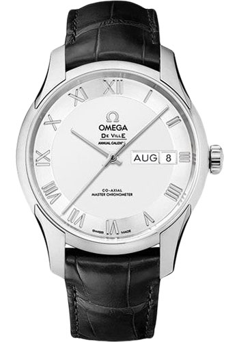Omega De Ville Hour Vision Co-Axial Master Chronometer Annual Calendar Watch - 41 mm Steel Case - Two-Zone -Silver Dial - Black Leather Strap
