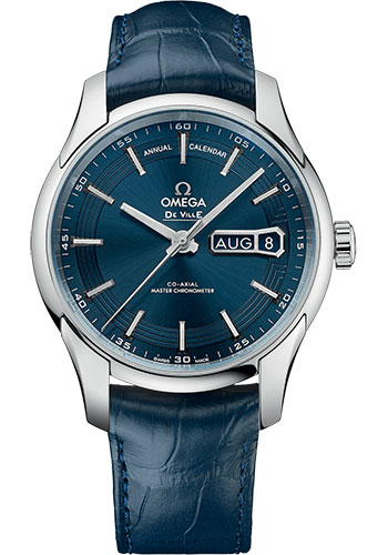 Omega De Ville Hour Vision Co-Axial Master Chronometer Annual Calendar Watch - 41 mm Steel Case - Blue Dial - Unique Leather Strap