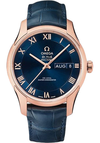 Omega De Ville Hour Vision Co-Axial Master Chronometer Annual Calendar Watch - 41 mm Sedna Gold Case - Two-Zone Blue Dial - Blue Leather Strap