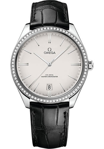 Omega De Ville Trésor Omega Co-Axial Master Chronometer - 40 mm Steel Case - Diamond Bezel - Opaline Silvery Dial - Black Leather Strap