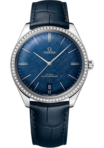 Omega De Ville Trésor Omega Co-Axial Master Chronometer - 40 mm Steel Case - Diamond Bezel - Blue Patterned Dial - Blue Leather Strap