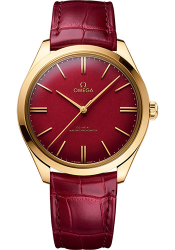 Omega De Ville Trésor Co-Axial Master Chronometer 125th Anniversary Edition Watch - 40 mm Yellow Gold Case - Rare Red Enamel Dial - Burgundy Leather Strap
