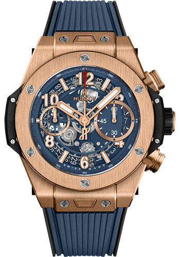 Hublot Big Bang Unico King Gold Blue Watch - 42 mm - Blue Skeleton Dial - Black and Blue Rubber Strap