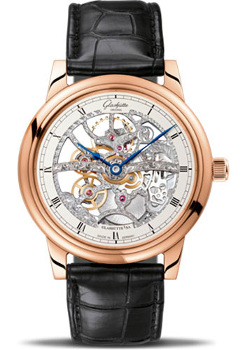 Glashütte Original Senator Manual Winding Skeletonized Edition - Red Gold Case - Silver Dial - Black Alligator Strap - Folding Buckle