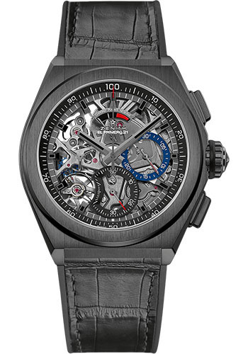 Zenith Defy El Primero 21 Watch - Black Ceramic - Openworked Dial - Black Rubber and Alligator Strap