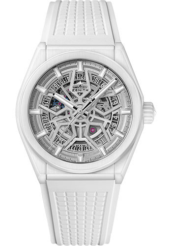 Zenith Defy Classic Watch - White Ceramic - Silver Openworked Dial - White Rubber Strap