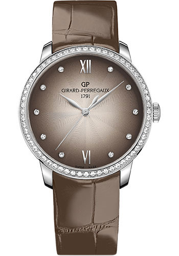Girard-Perregaux 1966 36 mm Watch - Steel Case - Diamond Bezel - Smoked Diamond Dial - Taupe Grey Alligator Strap