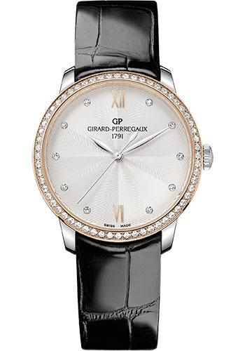 Girard-Perregaux 1966 36 mm Watch - Steel and Pink Gold Case - Diamond Bezel - Flinqué Silver Diamond Dial - Black Alligator Strap