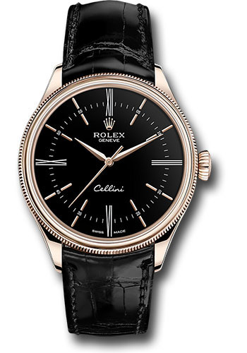 Rolex Cellini Time Watch - Everose Gold - Black Dial - Black Leather Strap