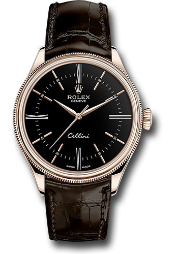 Rolex Cellini Time Watch - Everose - Black Dial - Brown Leather Strap