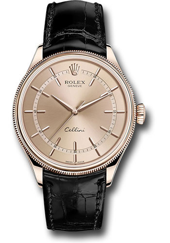 Rolex Cellini Time Watch - Everose - Pink Dial - Black Leather Strap