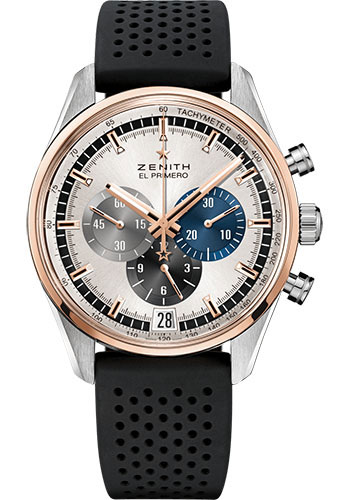 Zenith Chronomaster El Primero Watch - Steel And Rose Gold - Silver Dial - Black Rubber Strap
