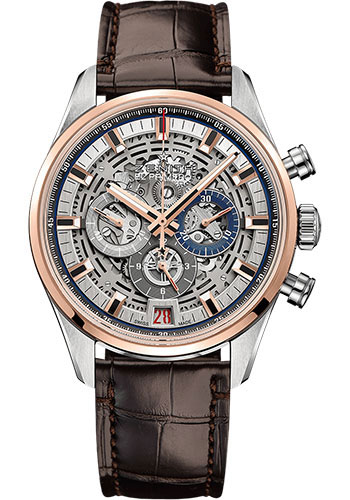 Zenith Chronomaster El Primero Full Open Watch - Steel And Rose Gold - Openworked Dial - Brown Alligator Strap