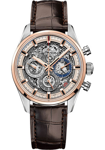 Zenith Chronomaster El Primero Full Open Watch - Steel And Rose Gold - Openworked Dial - Brown Alligator Strap
